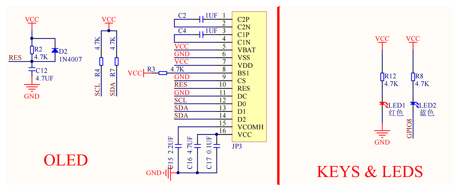 ESP32-C3 原理图(OLED 与按键 LED 部分)